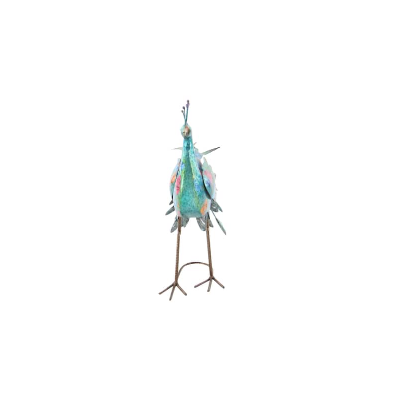 Metal Peacock Indoor Outdoor Decorative Garden Sculpture with Crystal Accents - Teal - Roche River Decor