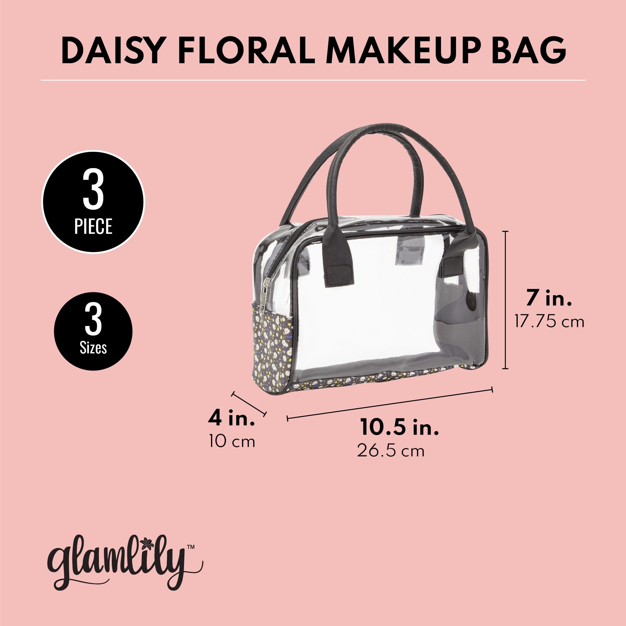 Glamlily 3 Pieces Travel Makeup Bag Set Clear PVC Portal Organizer and 2 Daisy Cosmetic Travel Toiletry Pouch