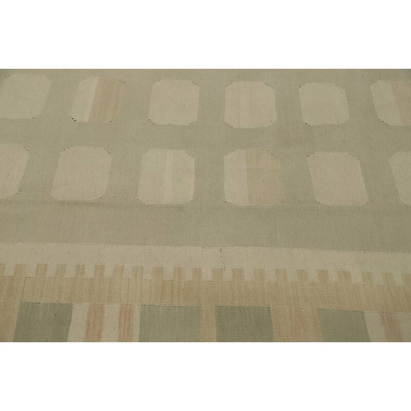 Hand Woven Oriental 100% Wool Carpet Southwestern Tribal Beige & Ivories Kilim Area Rug - 12' 2'' X 8' 10''