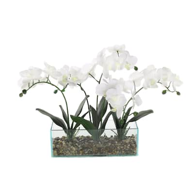 Real Touch White Orchids rocks in Rectangle Glass Container