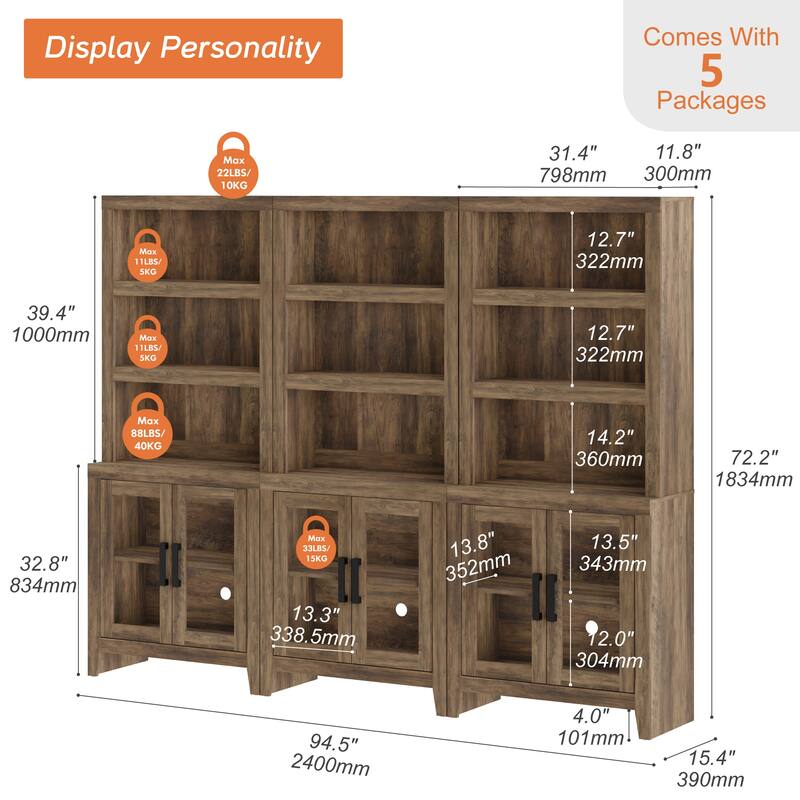 WAMPAT 3 Tier Bookshelf with Glass Door, 74" Tall Bookcase with Adjustable Shelf and Storage Cabinet, Farmhouse Wooden Bookshelf