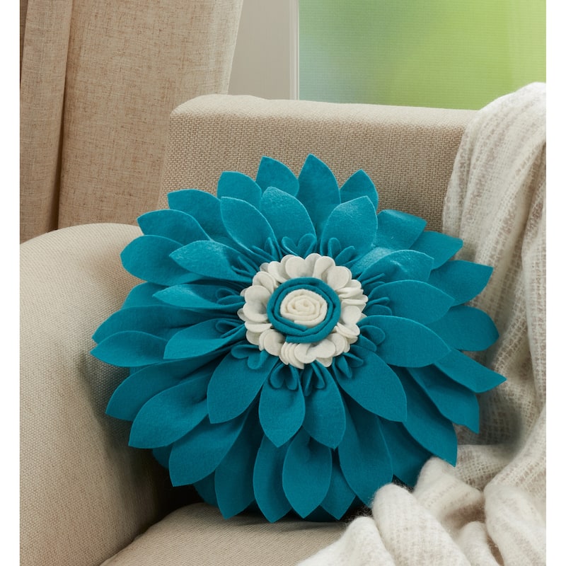 Felt Flower Design Poly-Filled Throw Pillow - Teal