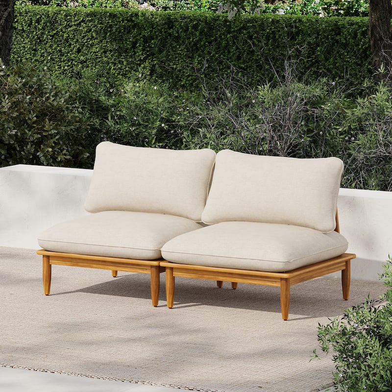 Scott Living Sacova Outdoor Acacia Wood Armless Chair, Teak Finish Frame with Beige Cushion, Set of 2