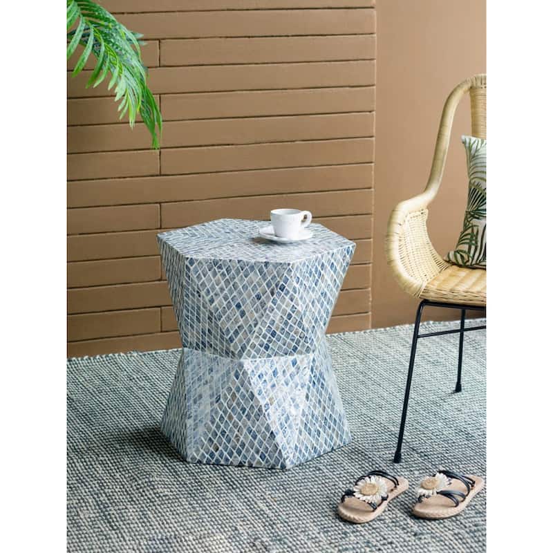 Geometric Capiz Shell Inlay Accent Stool - 19.75" - Blue and White