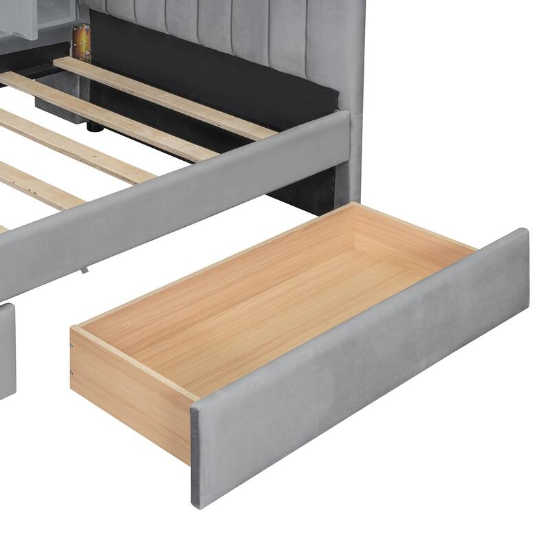 Twin Upholstered Daybed with Drawers, Shelves, Flip Cabinets & Side Table in Gray