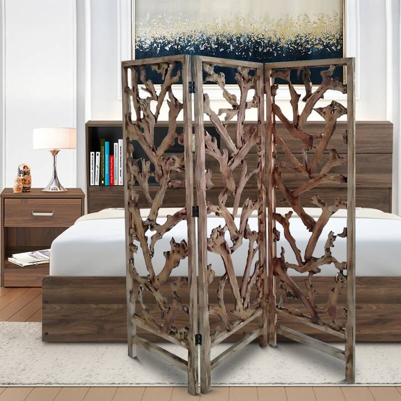 72 Inch 3 Panel Screen Divider, Rustic, Mulberry Branch Design, Brown