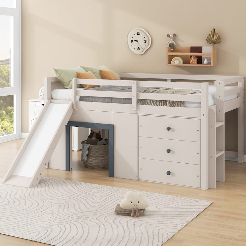 Full Size Low Loft Bed with Slide, 3 Storage Drawers and 2 Doors