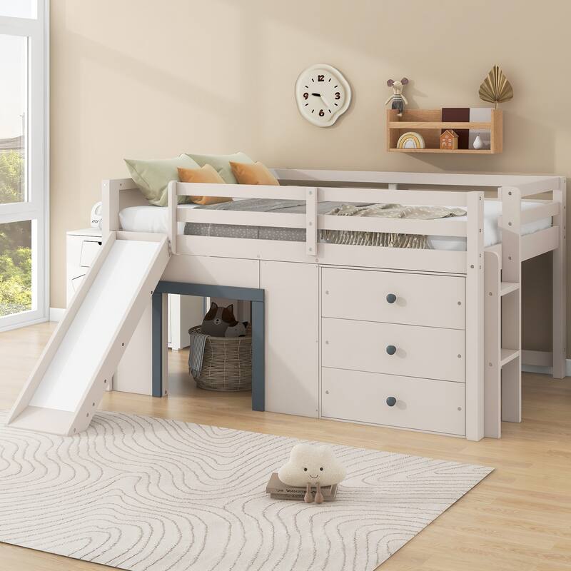 Full Size Low Loft Bed with Slide, Stairs, and Storage by Harper&Bright Designs