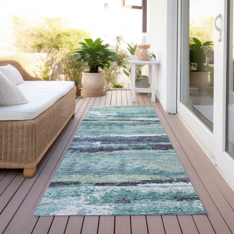 Machine Washable Indoor/ Outdoor Abstract Modern Chantille Rug - Aloe - 2'3" x 7'6"