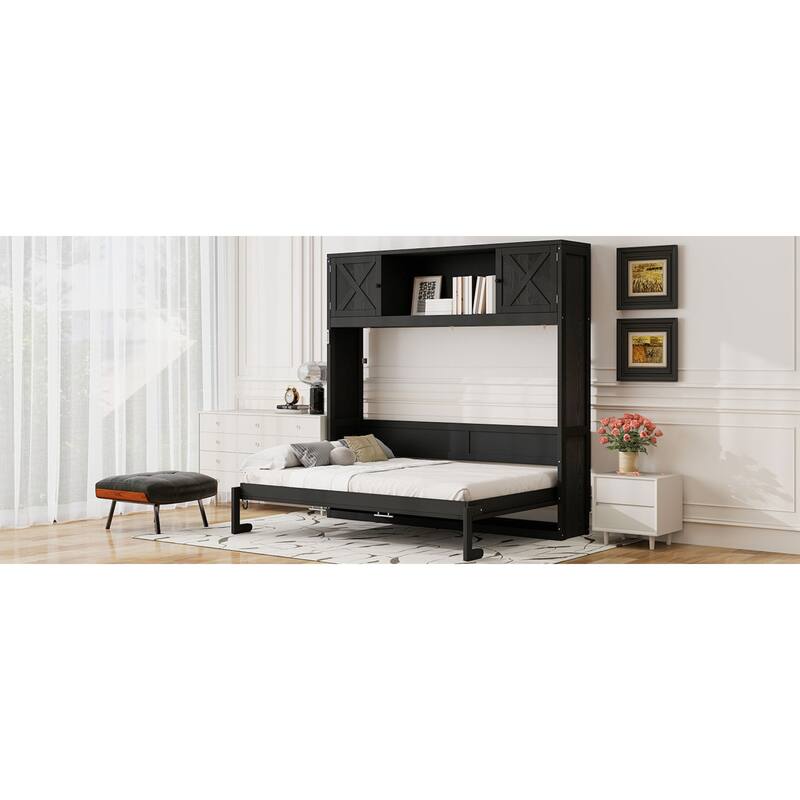 Roomfitters Full/Queen Size Murphy Bed with Storage Cabinets, Shelves and Rustic X-Shape Design