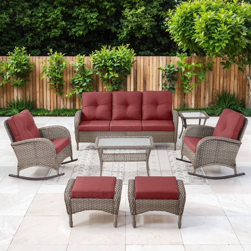 Gymojoy 7-Piece Outdoor Wicker Patio Furniture with 3 Seat Sofa, Rattan Coversation Set with Water Resistant Cushions - Grey Wicker / Red Cusion - 7-Piece
