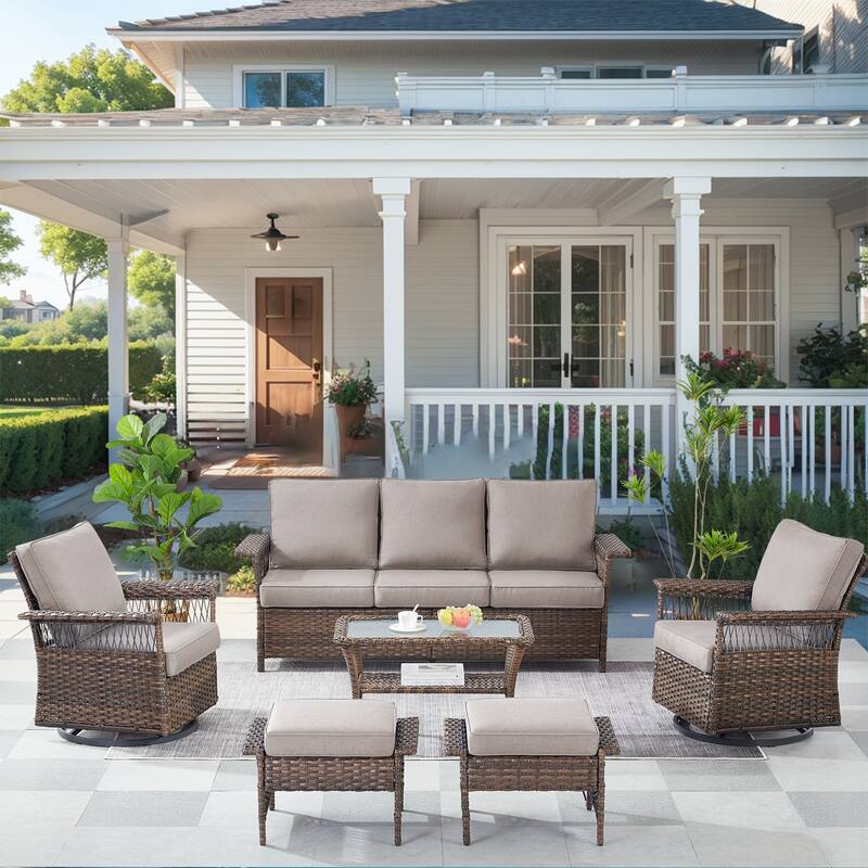 Pocassy Outdoor Swivel Chairs with Sofa Chair Ottoman and Table Set - Brown Wicker Gray Cushion - 6-Piece Sofa Swivel Chair Ottoman with Table