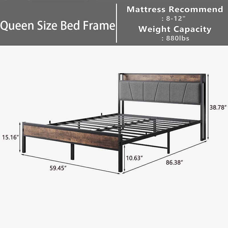 Bed Frames, Storage Headboard with Outlets, No Box Springs Needed