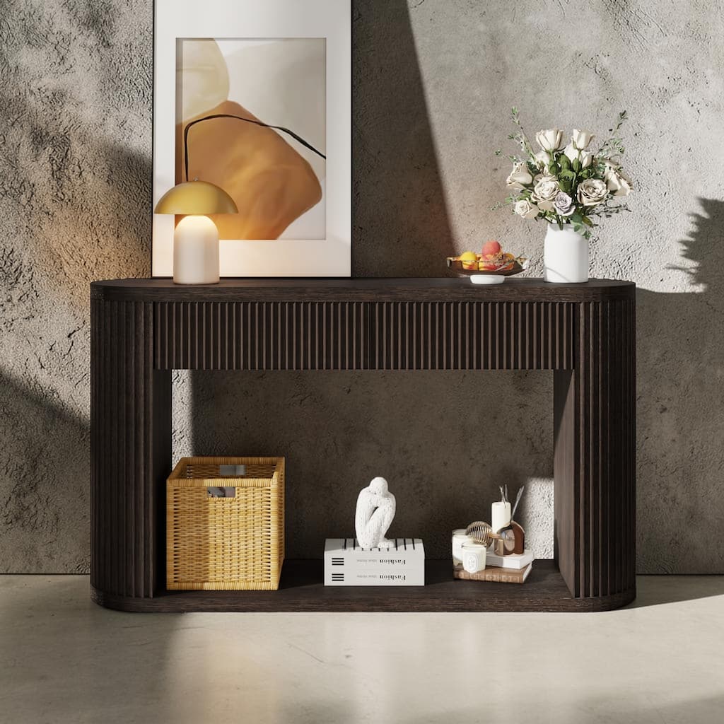 Oval Fluted Console Table with Drawers and Bottom Shelf, Wood Entryway Sofa Accent Table