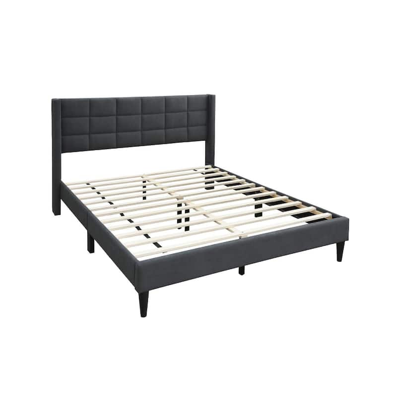 Meno Queen Size Bed, Square Stitched Charcoal Gray Linen Upholstery