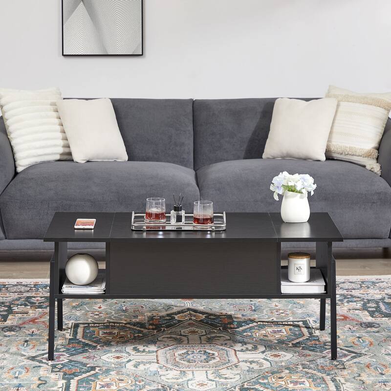 VECELO Modern Lift Top Coffee Table with Hidden Storage 2 Side Shelves Space-Saving Design for Living Room