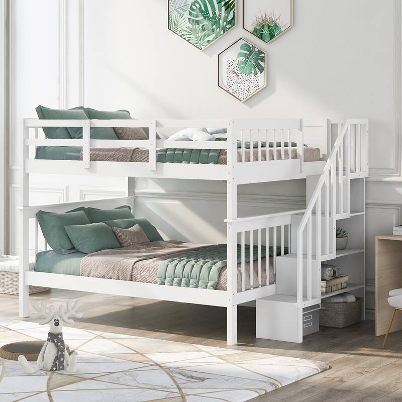 Full-Over-Full Stairway Bunk Bed, Can Be Divided into Two Individual Bedframe, Solid Wood Bedfram w/Storage Stairs & Guard Rail