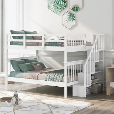 Full-over-Full Bunk Bed Wood Frame Bed with Solid, Safe Storage Staircase and Full-Length Guardrail Top Bunk for Kids Teens