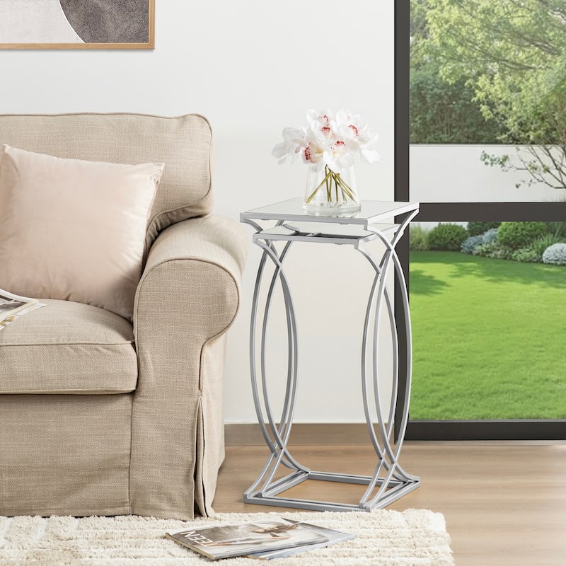 Glitzhome Set of 2 Modern Glam Glass Top Nesting Side Table