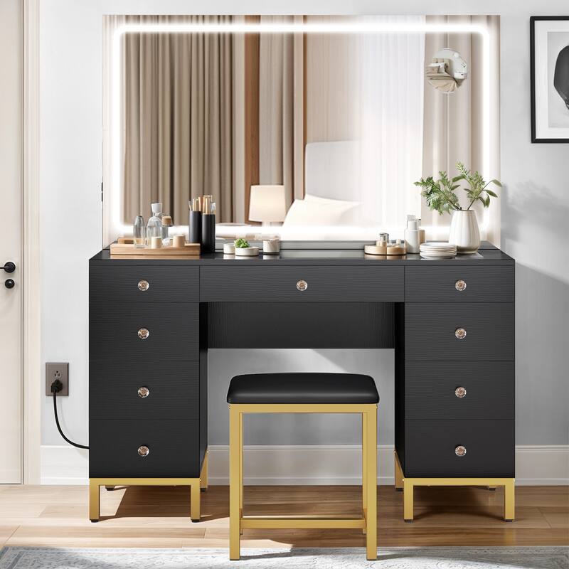 Moasis 45.2'' Vanity Desk Set with LED Lights Mirror & Charging Station - Black