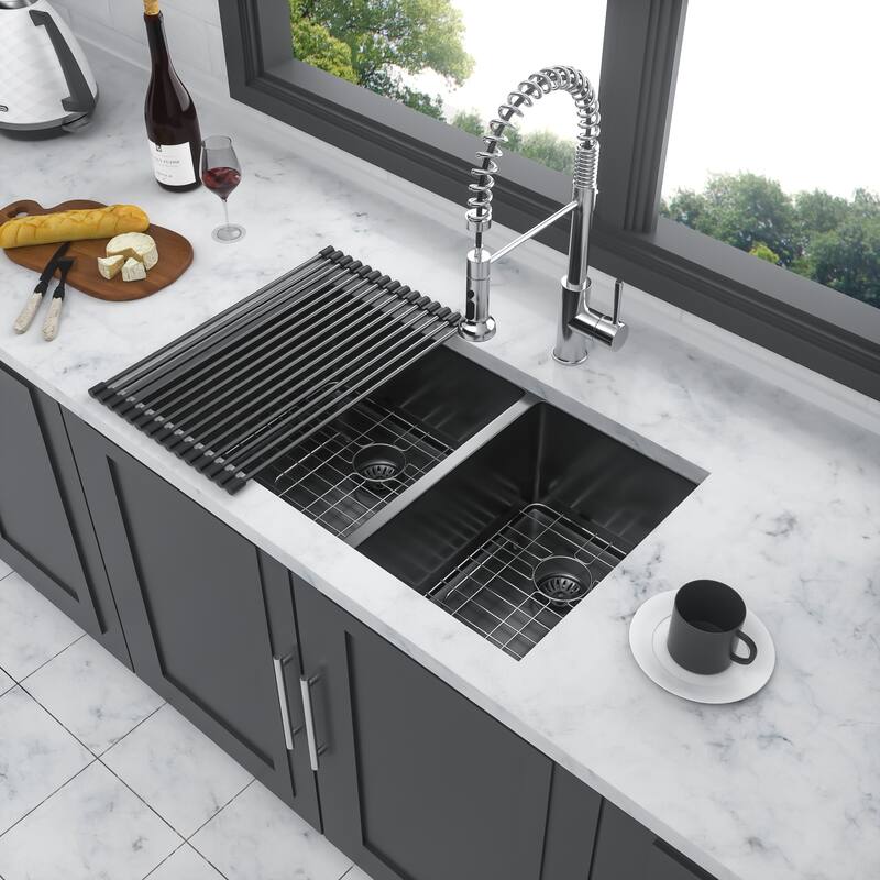 Undermount 16 Gauge Double Bowl Stainless Steel Kitchen Sink in Gunmetal Black - 33'' x 19'' x 10''