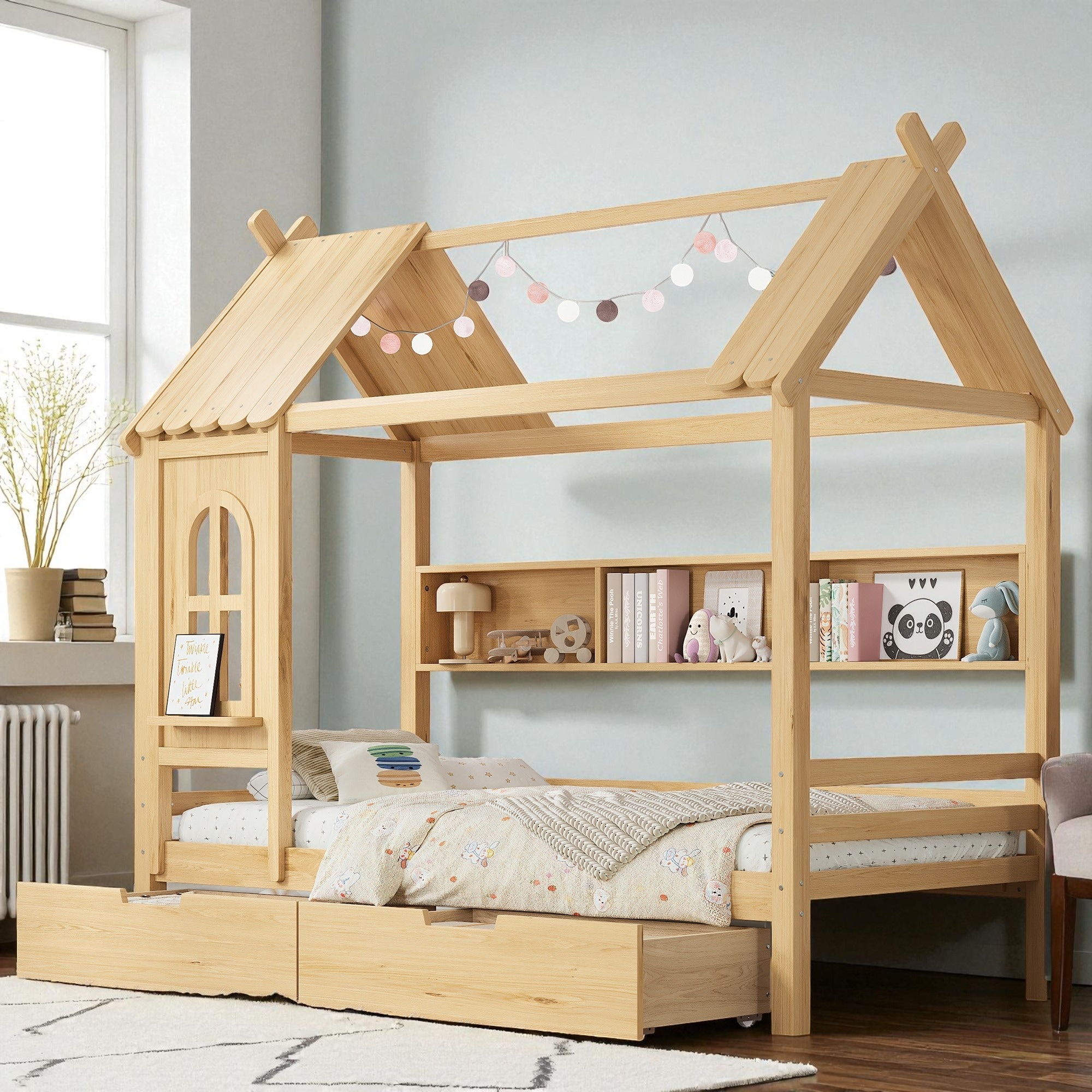 Twin/Full Size Wooden House Bed with Drawers and Shelves, Kids Platform Bed Frame with Window Roof Design