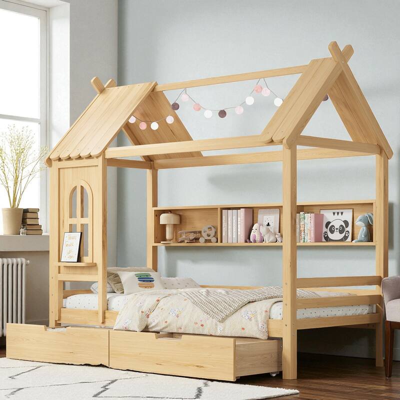 Twin/Full Size Wooden House Bed with Drawers and Shelves, Kids Platform Bed Frame with Window Roof Design - Natural - Twin