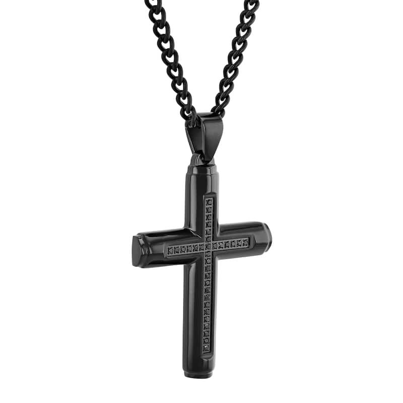 Steel Nation Black Stainless Steel Black Diamond Cross Pendant 1/6ctw