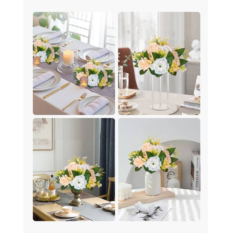 Champagne-White Silk Flower Balls Set of 10 with Plastic Base for Decor - 9.45 x 9.45 x 4.27 inch