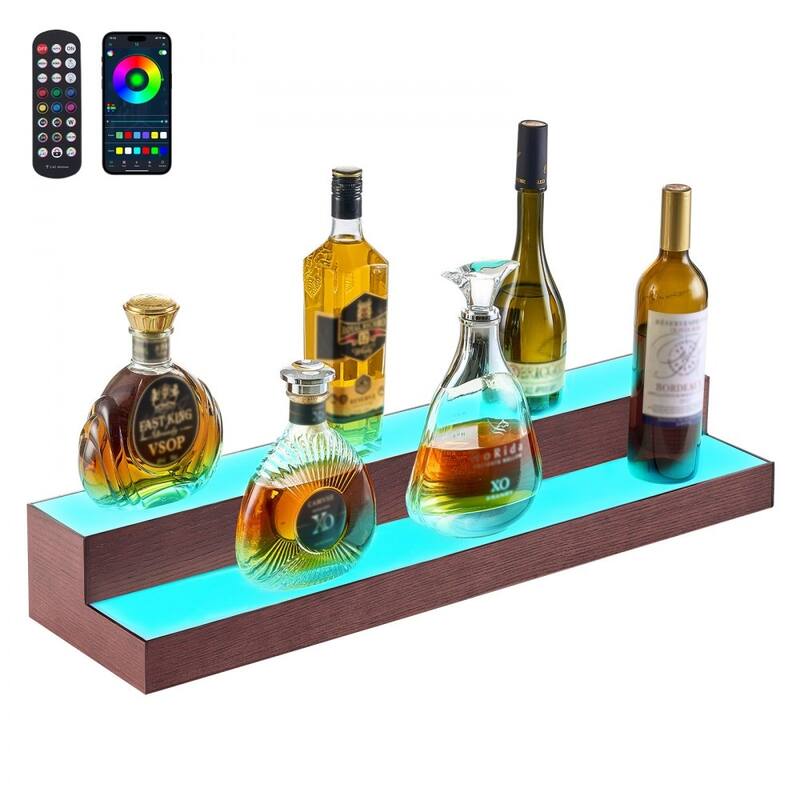 Multi-Color Acrylic and Pine Wood 2-Tier Wine Display Shelf with LED Lighting and Remote Control