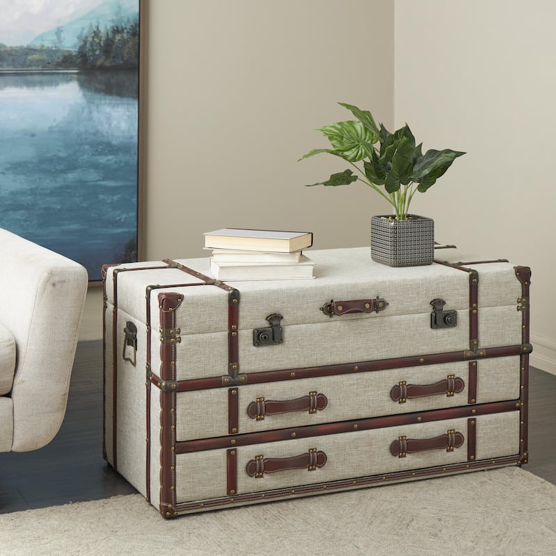 Wooden Vintage Style Storage 2 Drawer Coffee Table with Studs and Brown Faux Leather Accents - Cream - Roche River Decor