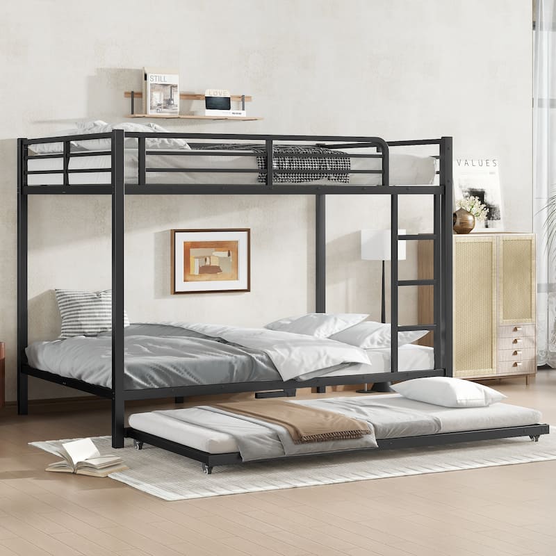 Full over Full Metal Bunk Bed with Twin Size Trundle, Black - Black