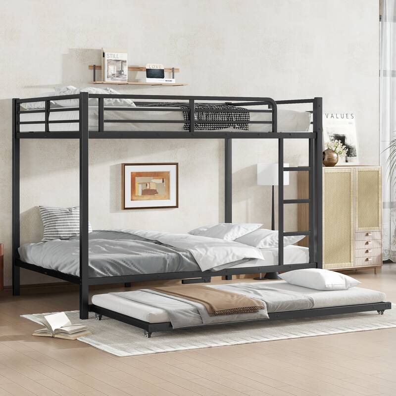 Roomfitters Twin/Full Metal Bunk Bed with Twin Trundle, Space-Saving Design for Teens & Adults, Black - Black - Full