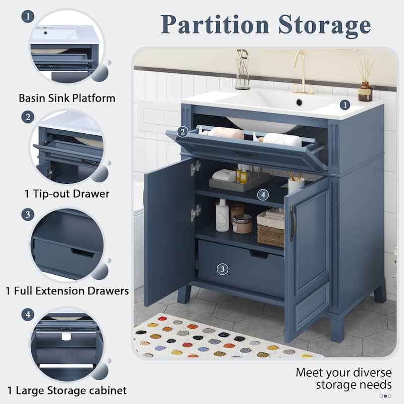 Retro 30 Inch Bathroom Vanity with Sink, Blue Freestanding Cabinet with Ceramic Basin and Soft Closing Storage