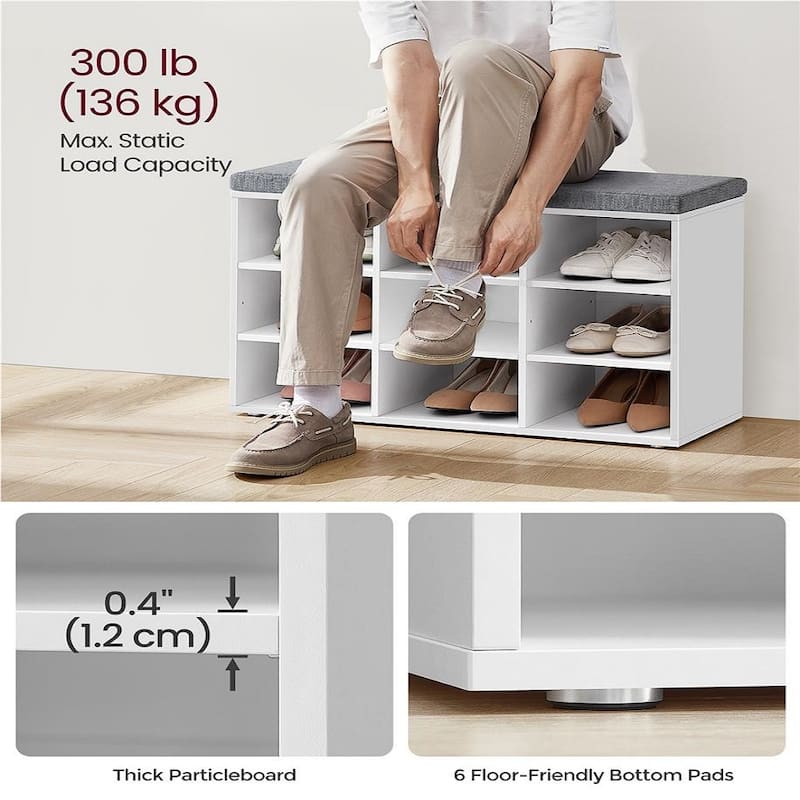 9-Compartment Storage Bench with Comfortable Linen-Look Seat Cushion for Shoes and Accessories - 11.9"D x 30.9"W x 18.9"H
