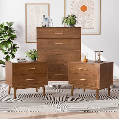 Furniture of America Beau Midcentury 3-Piece Walnut Chest and 2 Nightstand Bedroom Set