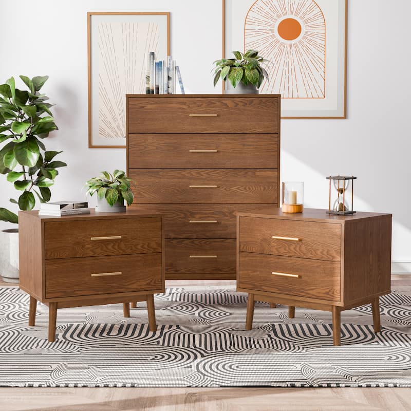 Furniture of America Beau Midcentury 3-Piece Walnut Chest and 2 Nightstand Bedroom Set - Walnut