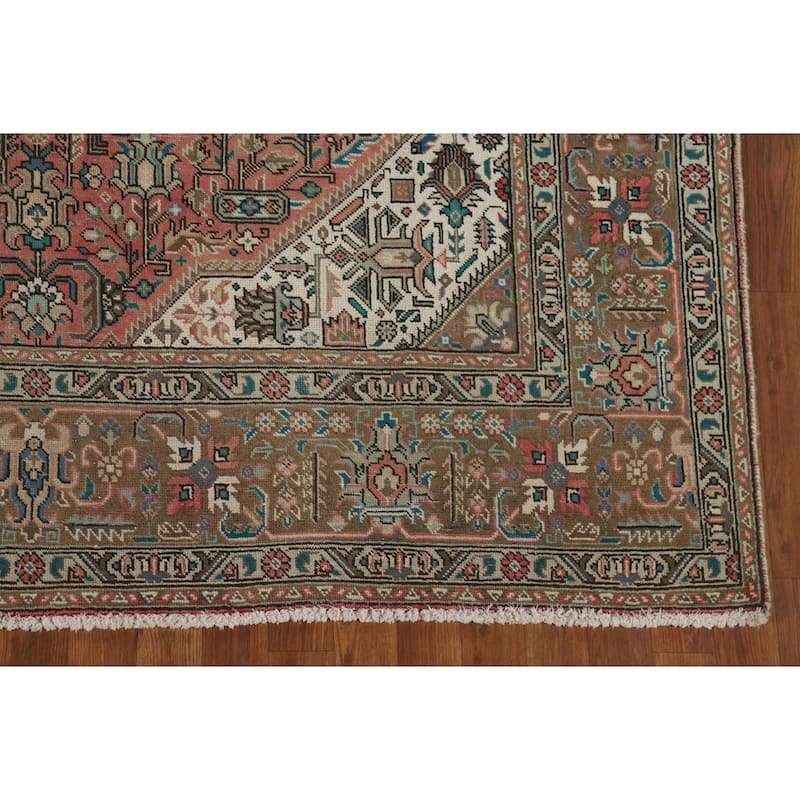 Pink Geometric Tabriz Vintage Persian Area Rug Handmade Wool Carpet - 6'5" x 9'9"