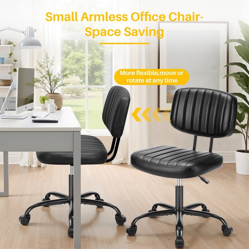 Small Armless Office Desk Chair with Wheels and Low Back Lumbar Support, Comfy Cute PU Leather Vanity Rolling Swivel Task Chair