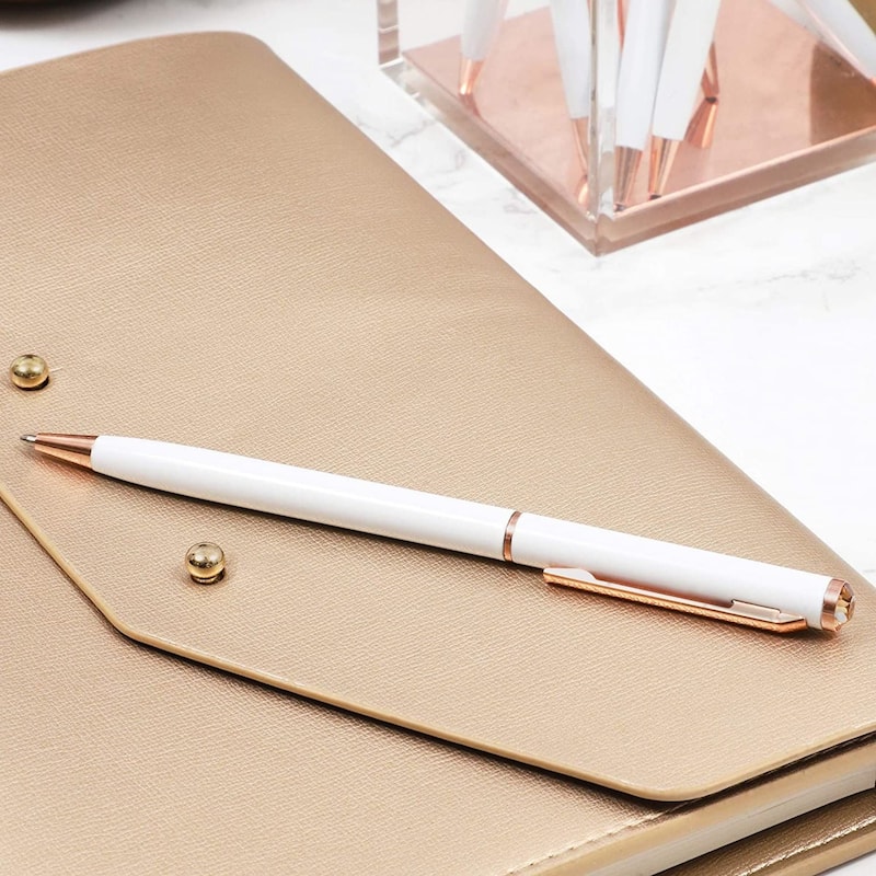 Paper Junkie White Ball Point Pens and Rose Gold Gemstone (8-Pack)
