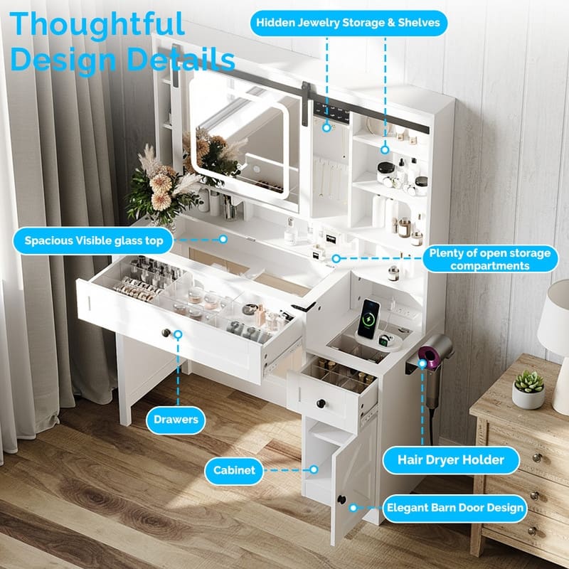 Particle Board, Melamine Veneer, 2 Drawers and 1 Door, Glass Desktop, Barn Door Style Dressing Table - N/A