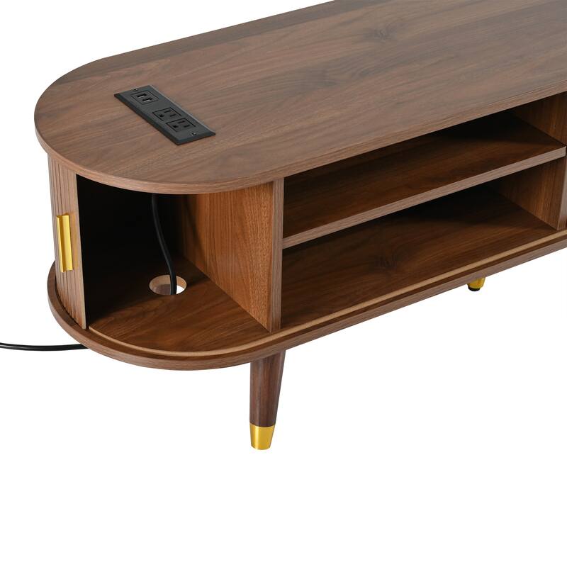 Wooden Tv Stand & Coffee Table Set With Charging Station,Sliding Doors For Tvs Up To 80",Table With Solid Wood Legs