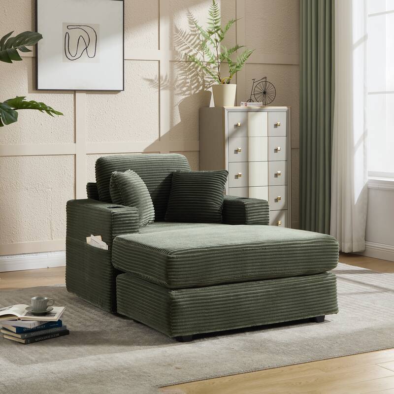 Corduroy Upholstered Chaise Lounge Sofa,Magazine bag,Detachable Cushions Deep Seat for Living Room Office - Green