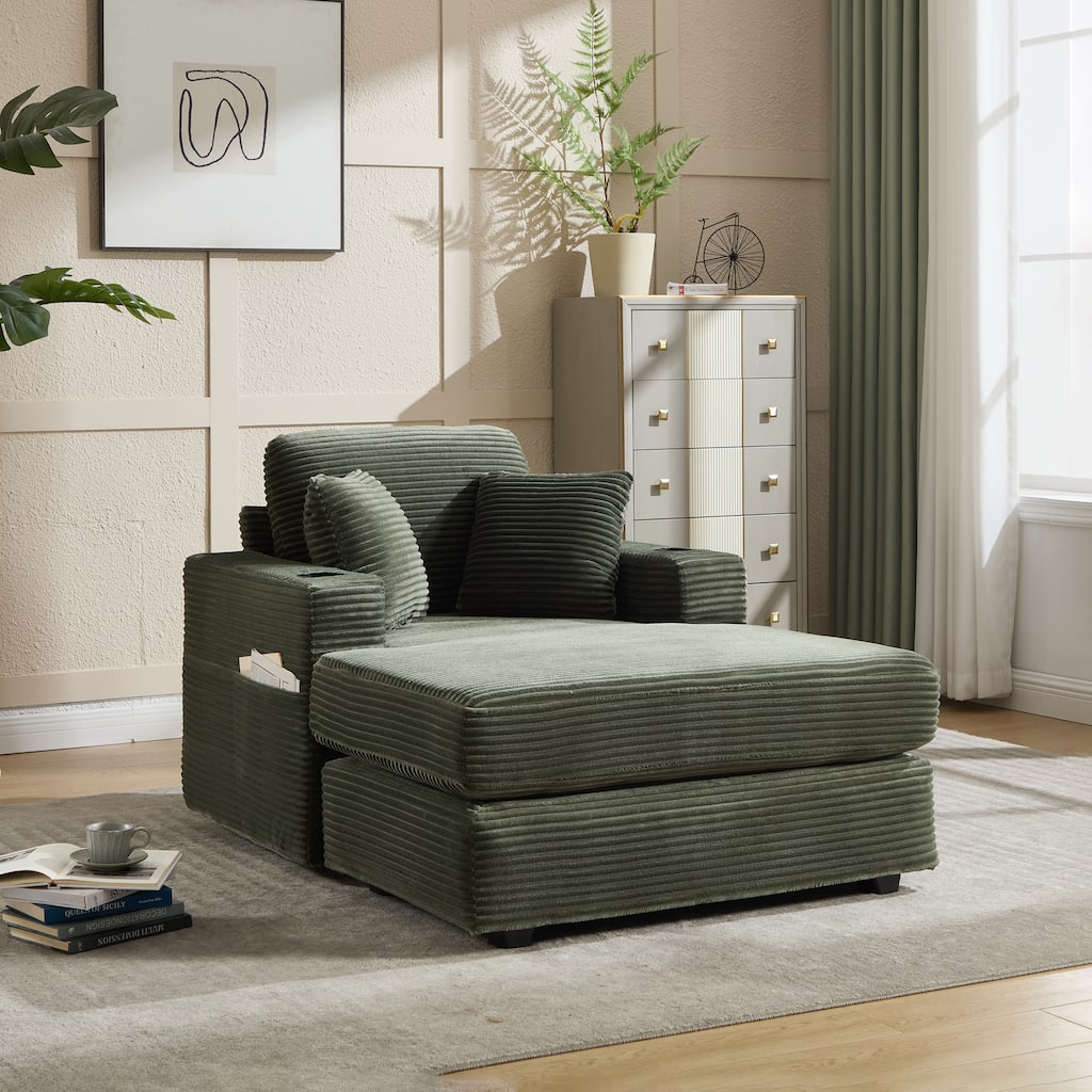 Corduroy Upholstered Chaise Lounge Sofa,Magazine bag,Detachable Cushions Deep Seat for Living Room Office