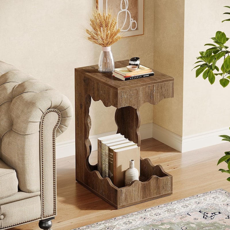 Farmhouse Narrow End Table, 2-Tier C-Shaped Side Table for Living Room - 17.3"W x 13.9"D x 25.6"H