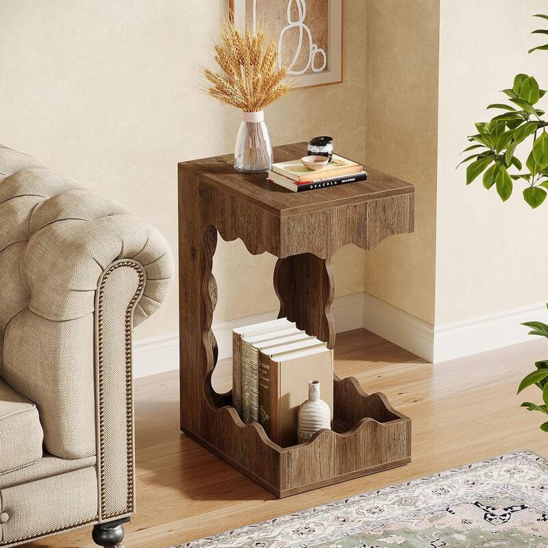 Narrow End Table, 2-Tier C-Shaped Side Table for Living Room, Farmhouse Nightstand for Bedroom, Next to Sofa Armchair