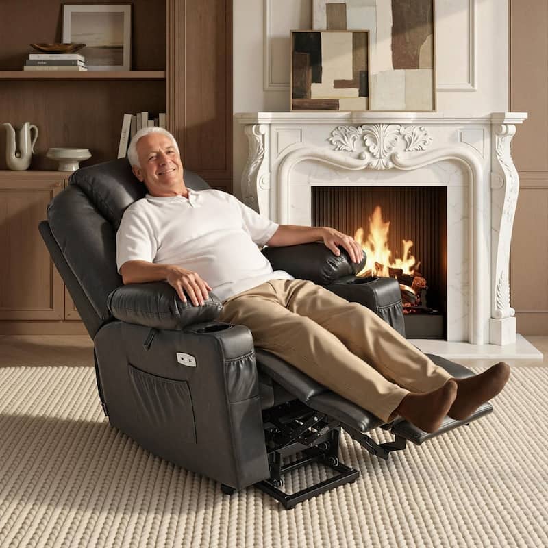 MCombo Large Power Lift Recliner Leather Chair with Massage, Heat, Cup Holders,Extended Footrest, Leather 7516 - Grey