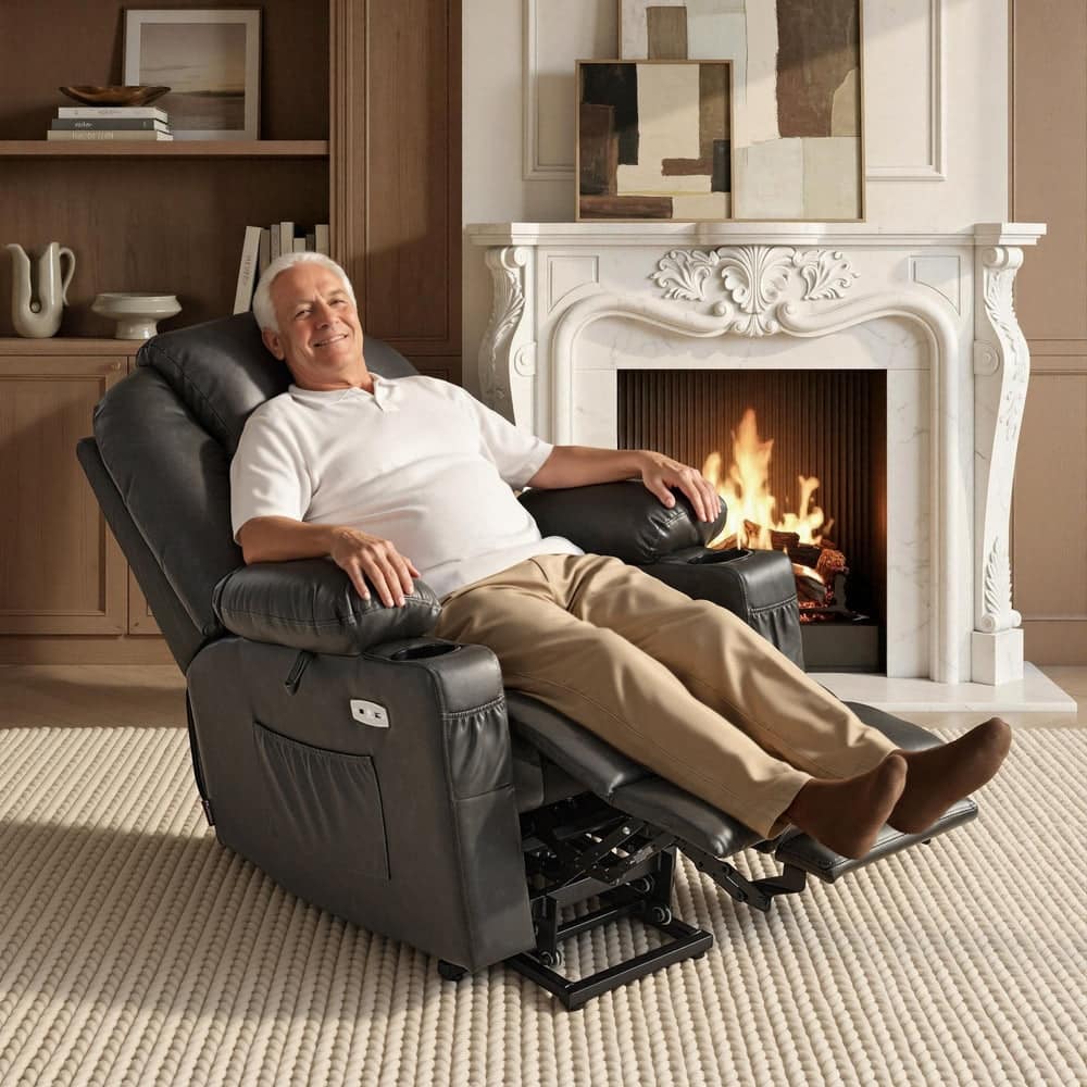 MCombo Large Power Lift Recliner Leather Chair with Massage, Heat, Cup Holders,Extended Footrest, Leather 7516