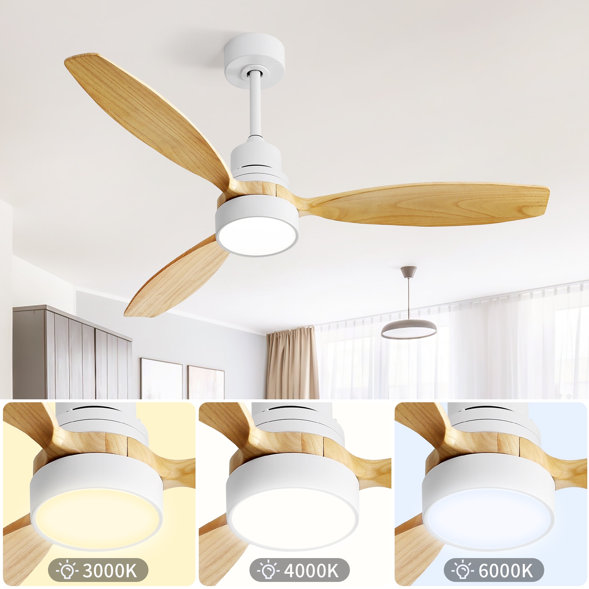 52 Inch Indoor Ceiling Fan with LED Light, 3 Solid Wood Blades Ceiling Fan, Remote Control Reversible DC Motor Fan