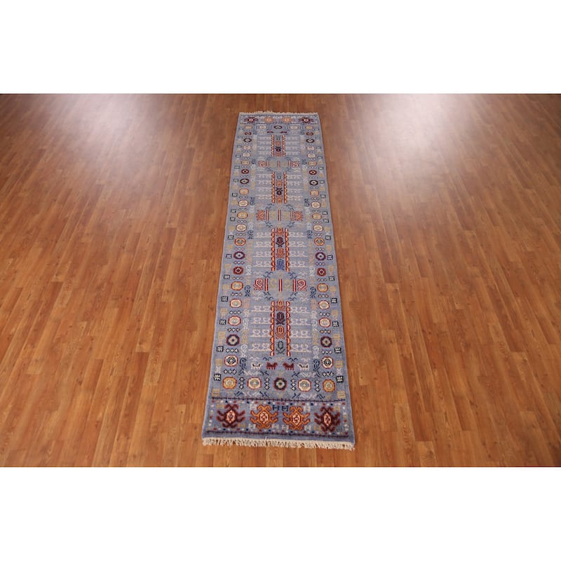 Blue Heriz Serapi Indian Runner Rug Hand-Knotted Geometric Wool Carpet - 2'6" x 9'11"